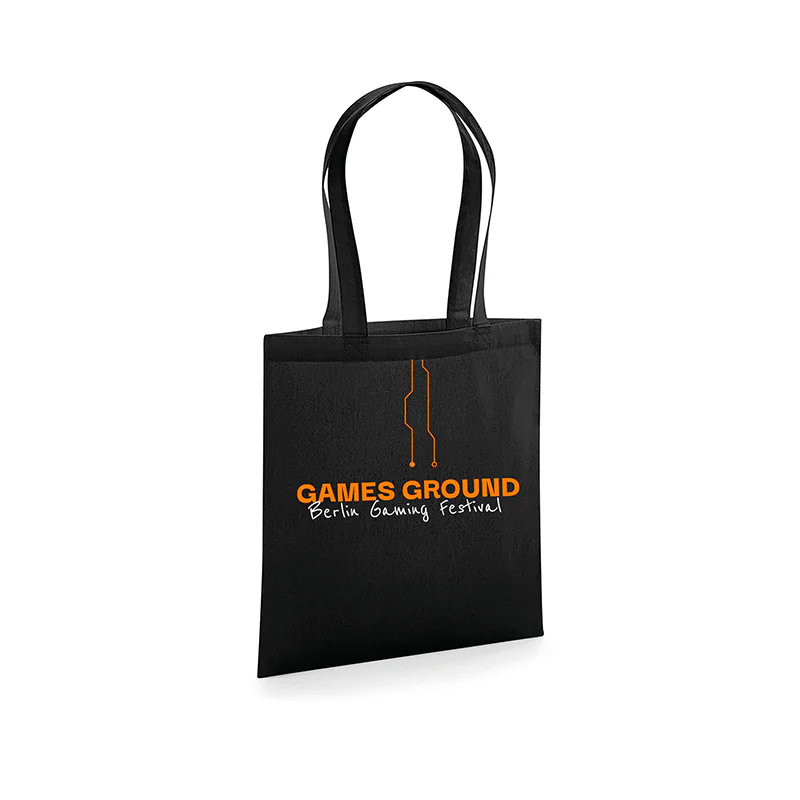 schwarzer Jute Beutel mit Merchground Logo in orange